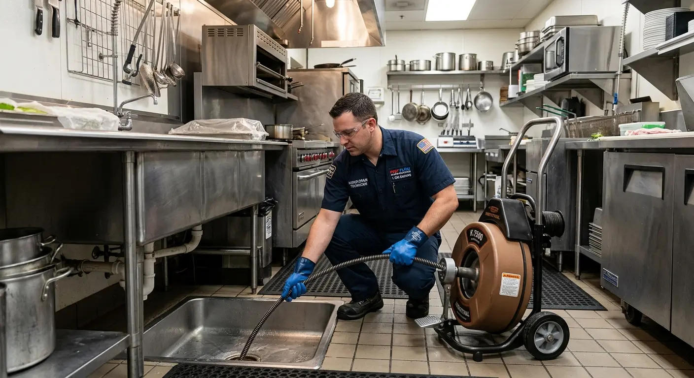 Commercial drain cleaning service in a restaurant kitchen in West Orange