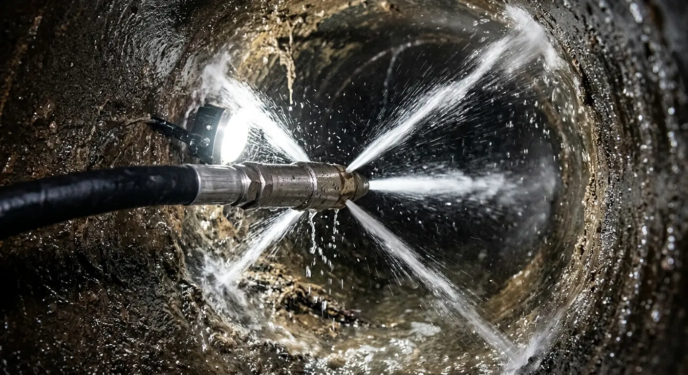 High-pressure hydro jetting nozzle cleaning sewer pipe for Emergency Drain Service in West Orange